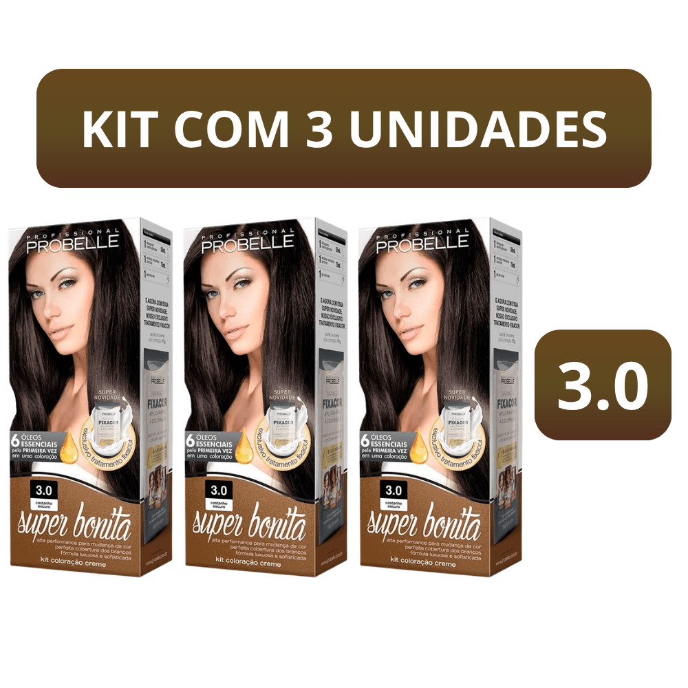 Kit 03 Coloração Super Bonita Probelle 3.0 Castanho Escuro - Brilho Intenso e Resultado de Salão