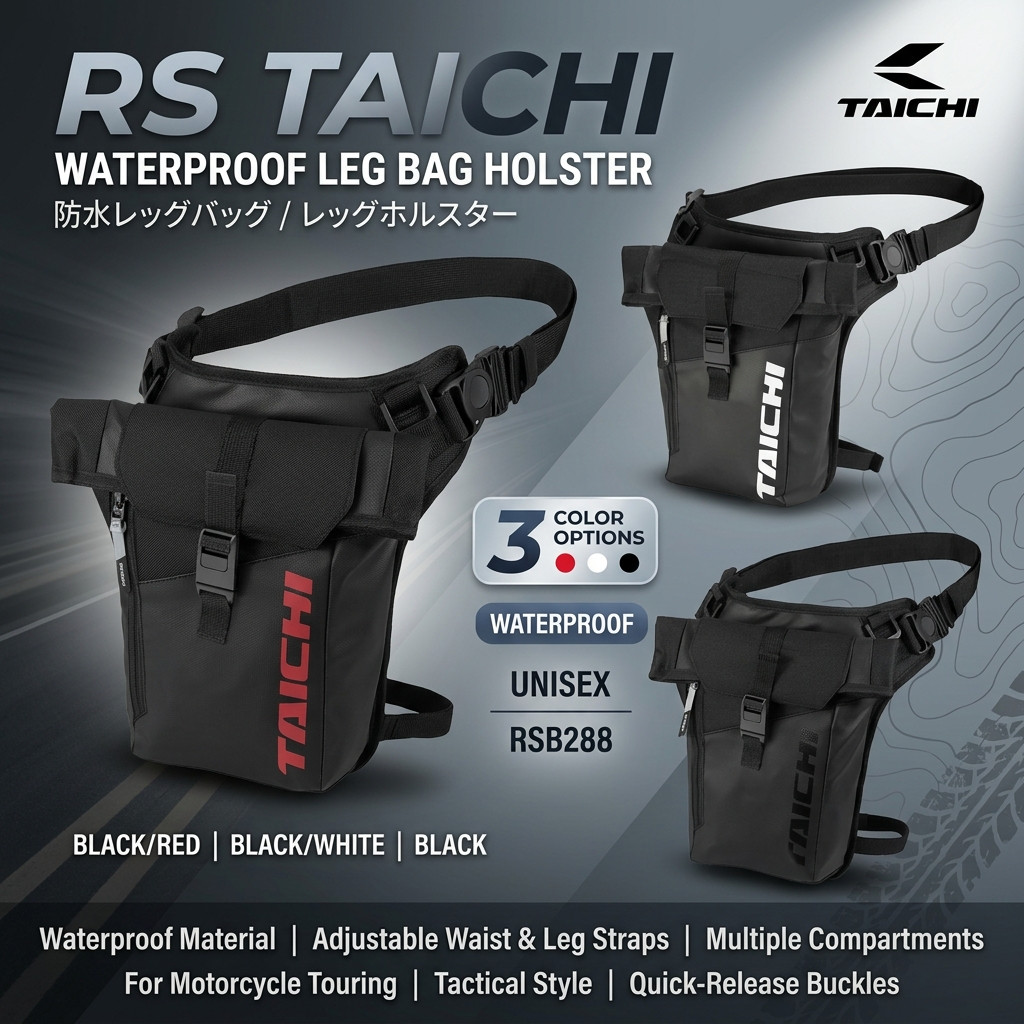 RS TAICHI Waterproof Leg Bag Holster for Motorcycles - RSB288 Unisex Adult - Available in Black/Red, Black/White, and Bl