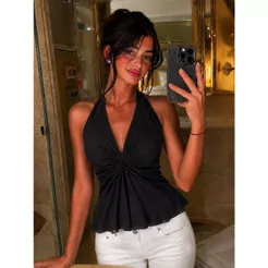 Blusa Feminina Lisa Peplum Em Viscomida Frente Única Decote Em V Amarração No Pescoço