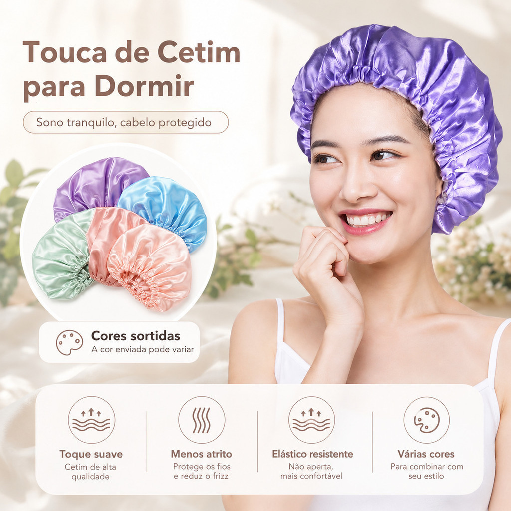 Kit 3 Toucas de Cetim Feminina Antifrizz – Proteção Capilar com Ajuste Confortável para Banho e Dormir---WYL Store