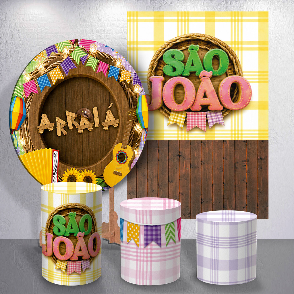 Capa Painel Decorativo Arraiá Tradicional Festa Junina Kit Ou Avulso Barraca Colorida Redondo Trio Cilindros