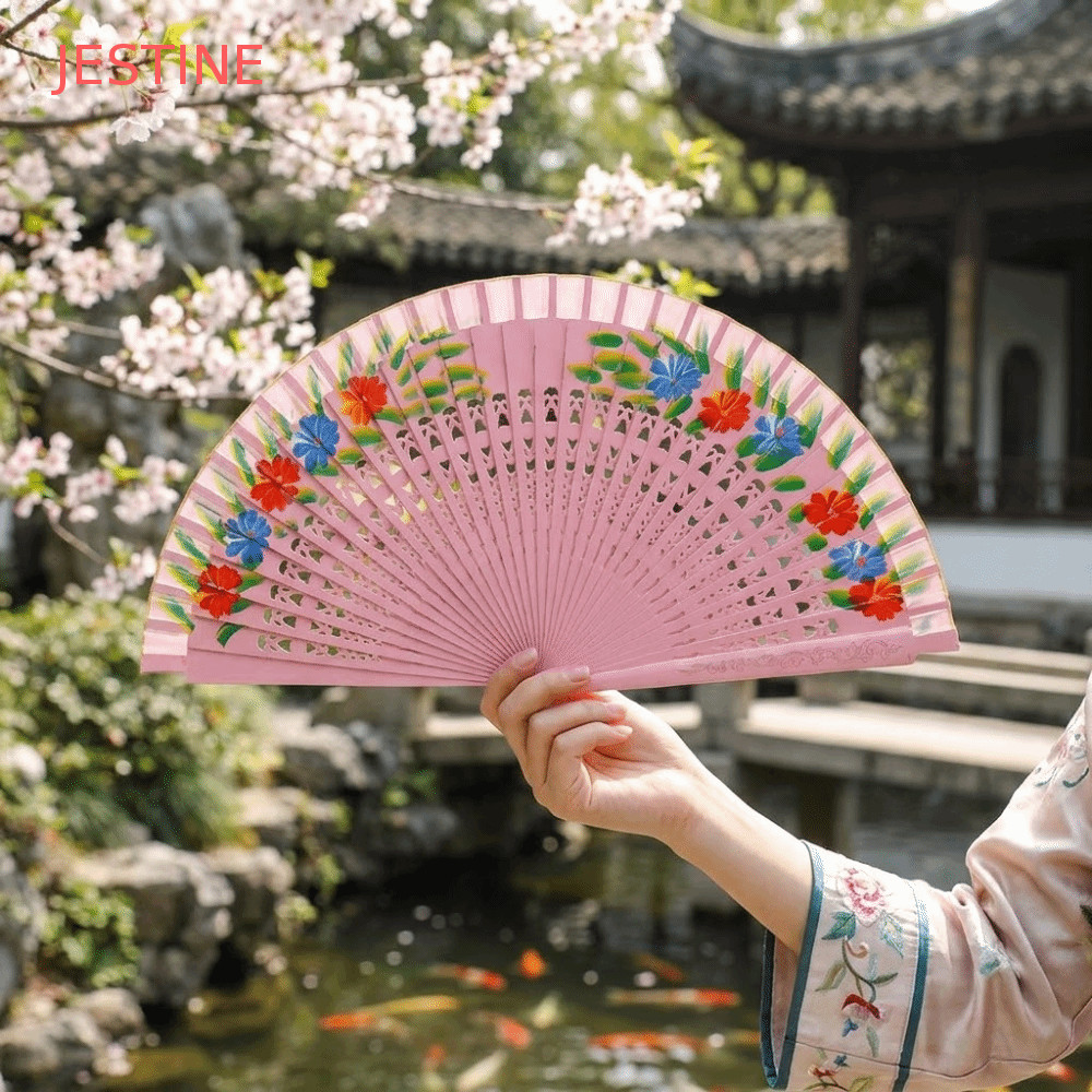 Ventilador Espanhol JESTINE , Clássico Antigo Pintado À Mão Dobrável Decorativo Colorido Tradicional