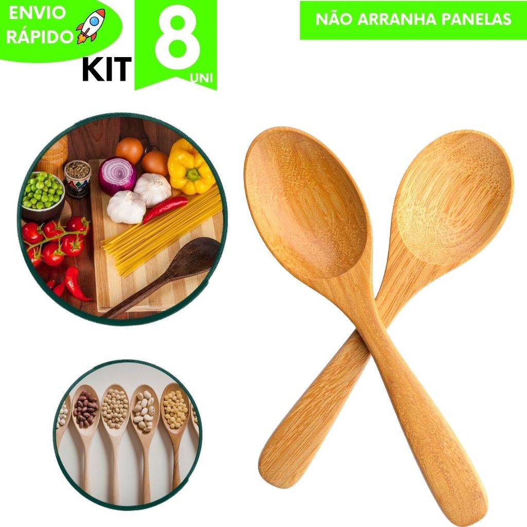 Utilidades Colher de Pau Bambu Multiuso Premium Utensílio Cozinha Resistente Antiaderente Sustentável Não Risca a Panela
