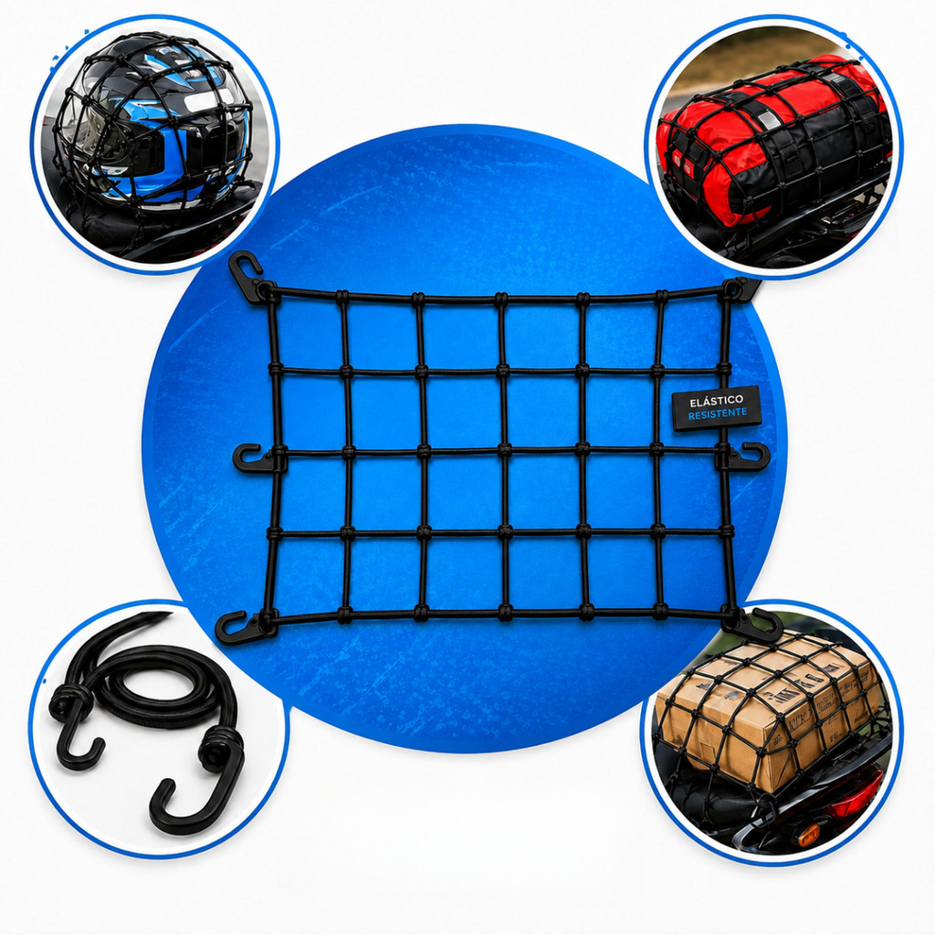 Rede 35x35 Preto Elástico Moto Carro Bike Bagageiro Aranha Capacete Baú + Corda Elástica