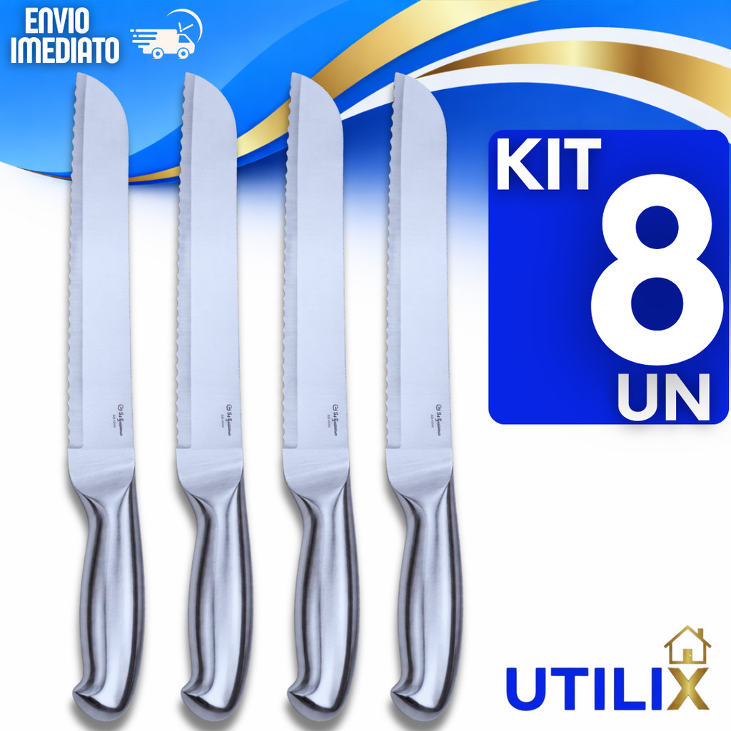 Combo Faca Pão Aço Inox 8' Serrilhada Bolos Tortas Cozinha Buffet Praticidades