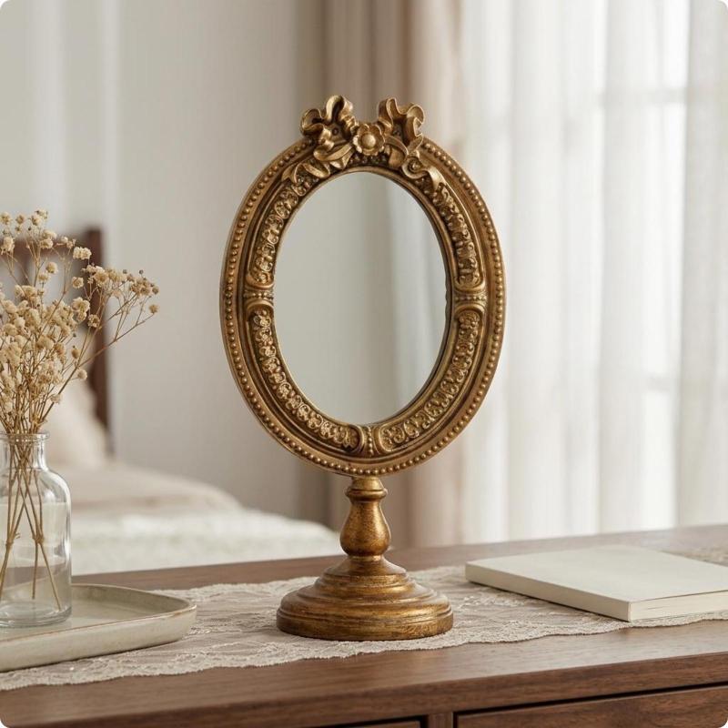 [Fineblue] Espelho De Mesa Oval Com Detalhes Florais , Vaidade Dourado Ornamentado , Base De Pedestal , Decoração De Cas