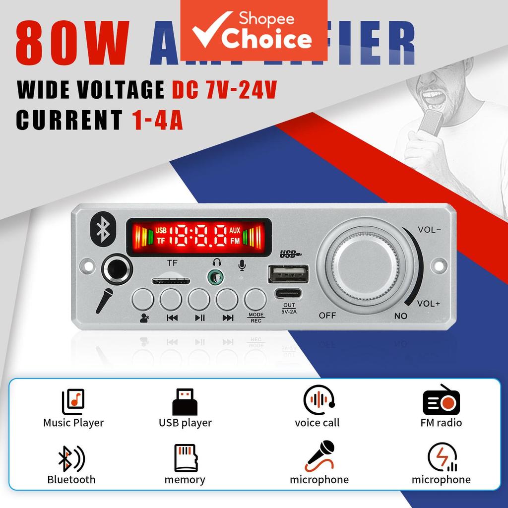 Placa Decodificadora Bluetooth 5.0 80W MP3 12V Amplificador 6,5mm Microfone Rádio FM Módulo de Áudio Sistema Máximo