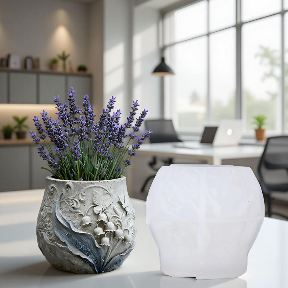Molde De Plantador De Silicone Em Relevo De Lírio Do Vale E Borboleta , Vaso De Flores De Corpo Bulbo Suporte De Vela De