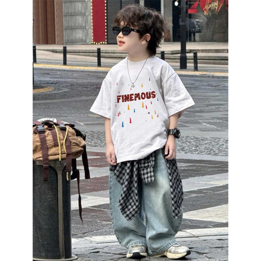 Crianças de manga curta verão na moda puro algodão camiseta na moda legal impresso roupas para meninos solto versão core
