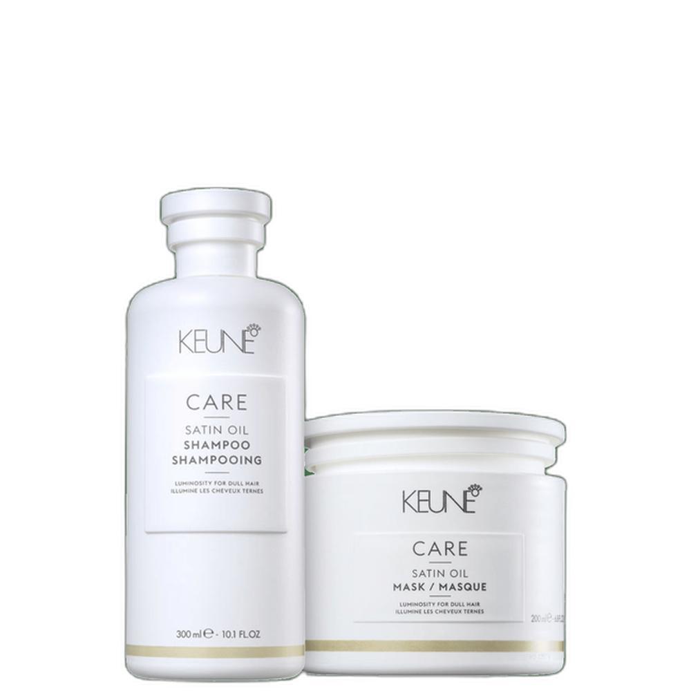 Kit Keune Care Satin Oil contendo um frasco de shampoo branco de 300ml e um pote de máscara capilar de 200ml em fundo branco