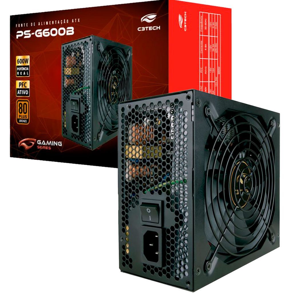 Fonte C3Tech 600W Real, 80 Plus Bronze, PFC Ativo, Bivolt Automático, Silenciosa, Fan 120mm - PS-G600B