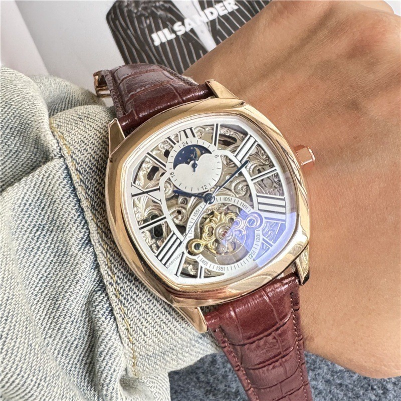 Estoque Pronto Nova Chegada Oriente Masculino Relógio Mecânico Automático Esqueleto Turbilhão Pulseira De Couro Genuíno