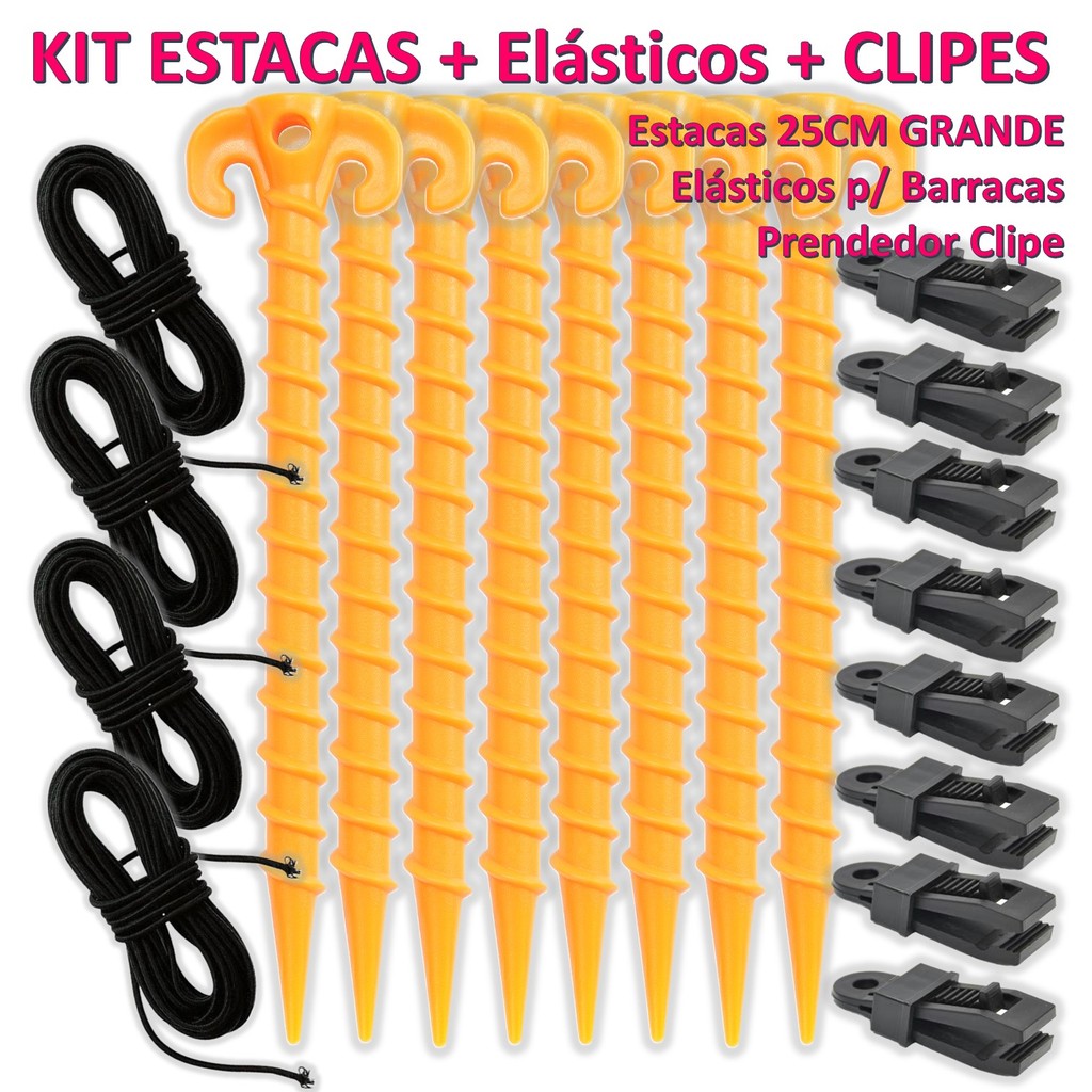 Combo 8 Estacas + 4 Elásticos + 8 Garras Jacaré Ancoragem Gazebo Barraca Camping Laranja Resistente
