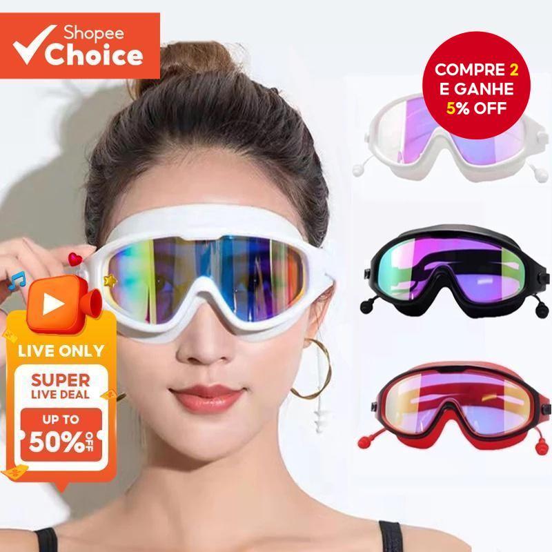 Óculos De Natação De Armação Grande Design De Moda , HD À Prova D'água Com Tampões De Ouvido Multicoloridos Para Todas A