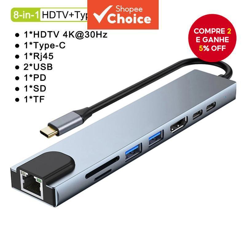 USB 8 Portas Hub Tipo C Para 4K HDMI Adaptador Docking Station Divisor Com Leitor De Cartão RJ45 SD TF MacBook Conversor