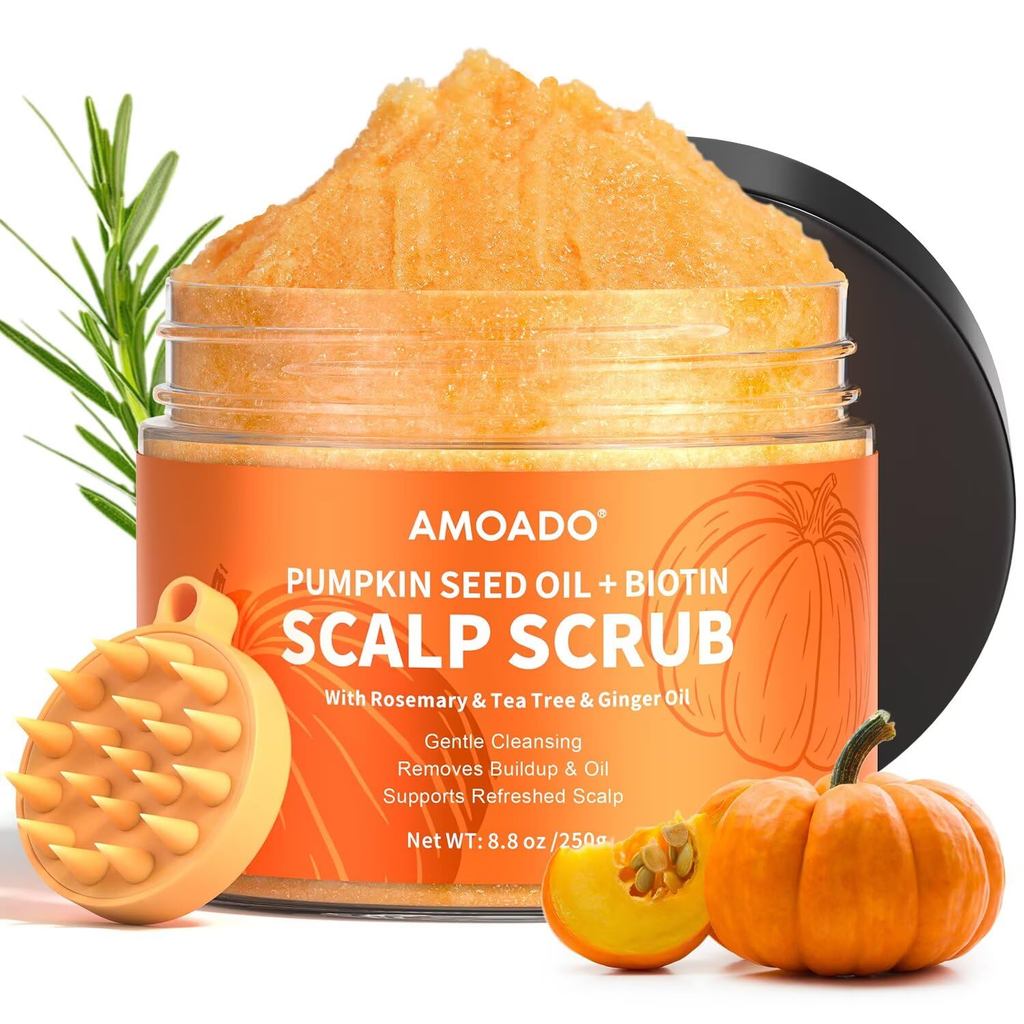AMOADO Esfoliante Capilar, Esfoliante para Couro Cabeludo com Óleo de Semente de Abóbora, Biotina e Alecrim, Desintoxica