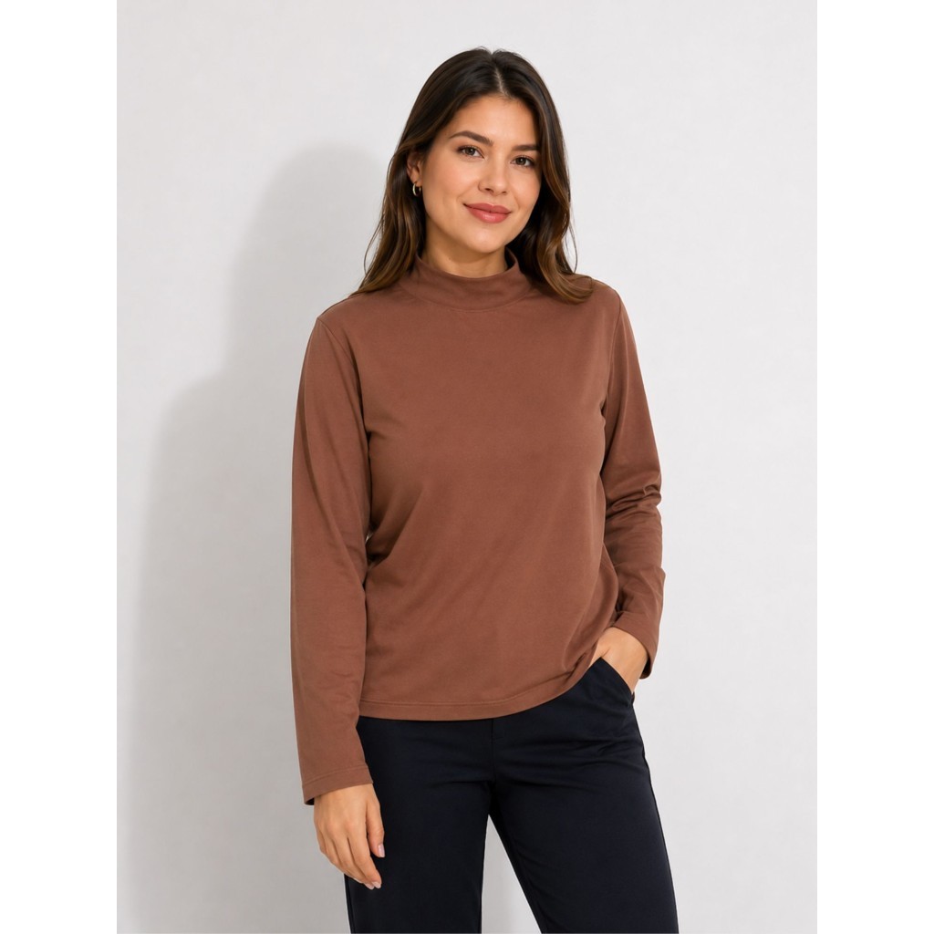 BLUSA FEMININA GOLA ALTA E MANGA LONGA DE ALGODÃO ISADORA MARROM BLUSA DE FRIO INVERNO ESTILOSA