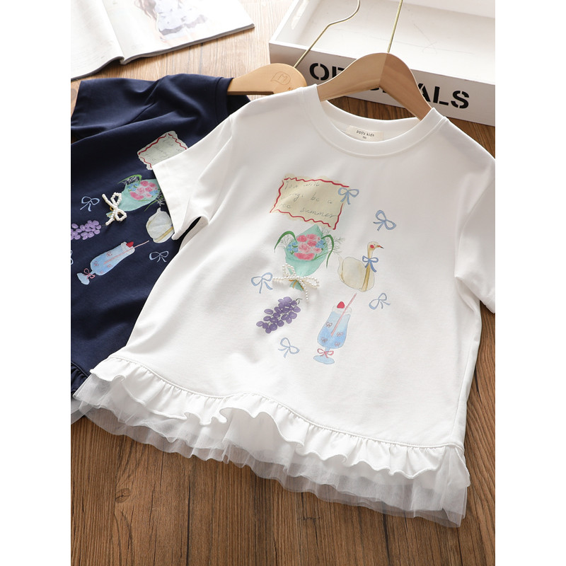 Meninas rendas costura camiseta de manga curta versão coreana médio grande crianças dos desenhos animados impresso fungo