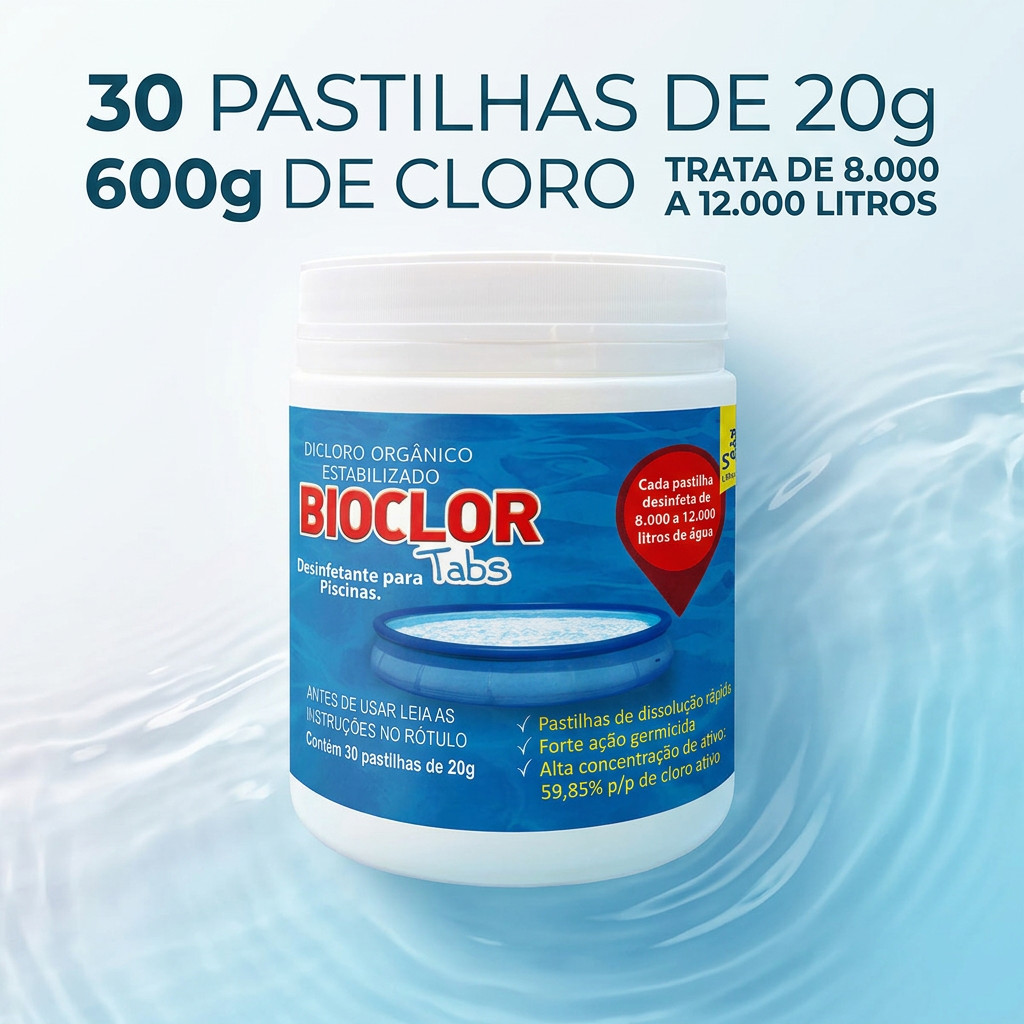 Cloro em Pastilhas 20g para Desinfecção e Tratamento de Água de Piscina - Bioclor Tabs