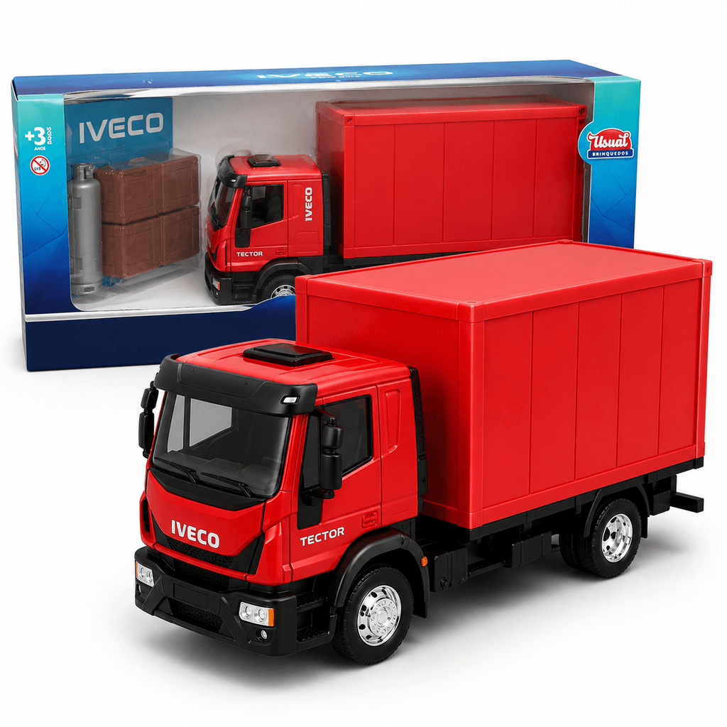 Caminhão de Brinquedo Iveco Tector Baú Com Acessórios Miniatura Usual Brinquedos