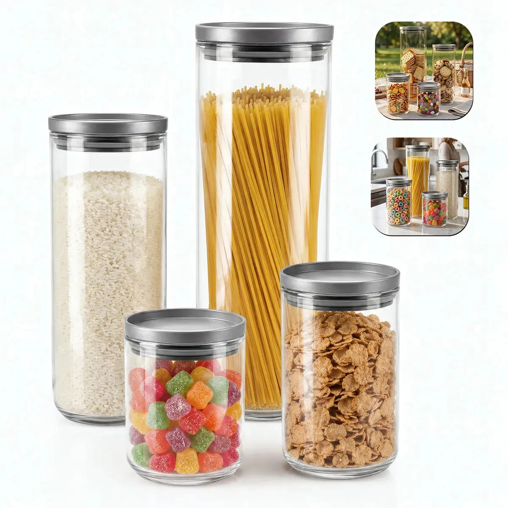 Kit 4 Potes Herméticos Cilíndricos Mantimentos - 600ml, 970ml, 1,3l E 2l Casa Bragagnoli Transparente