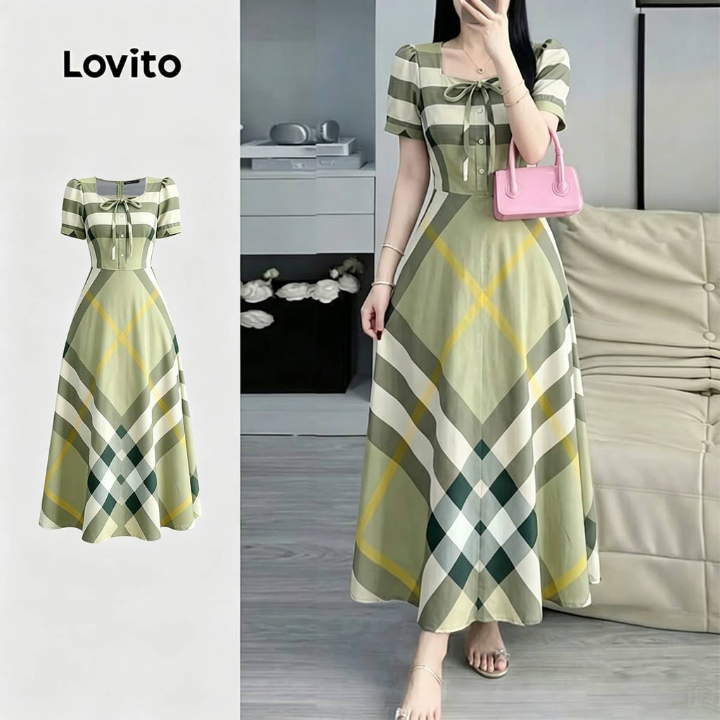 Lovito Vestido Elegante Geométrico Verde Primavera/verão para mulheres LK6ED325