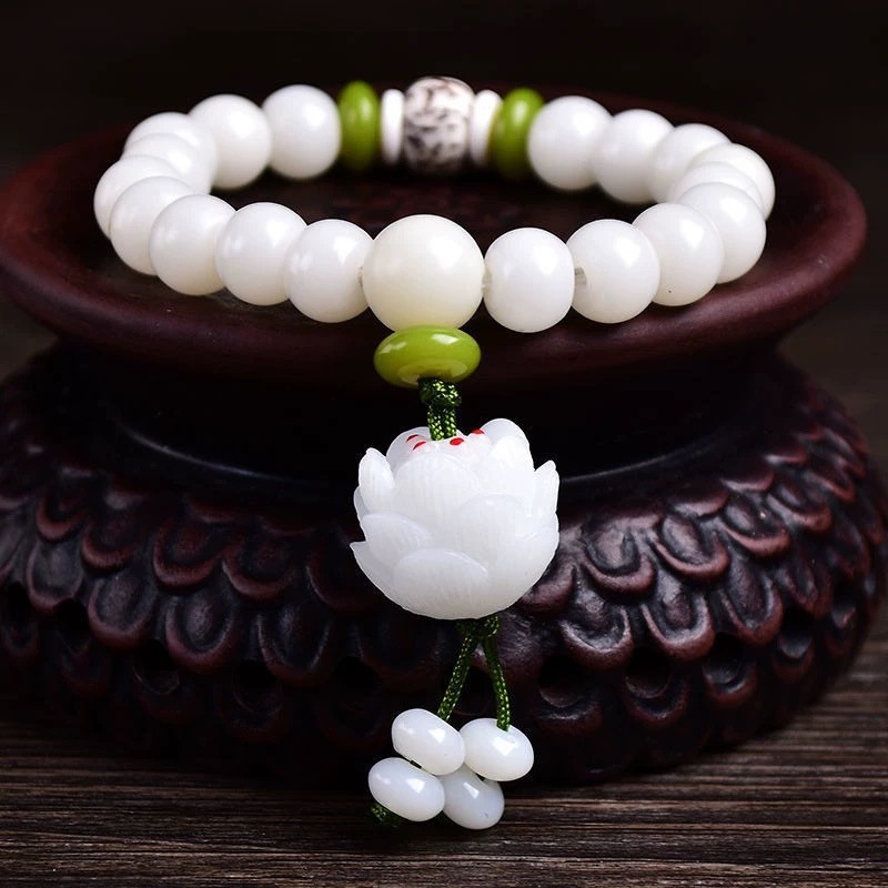 Hangzhou oficial deus da riqueza lótus bodhi raiz pulseira branco Jade bodhi namoradas da paz feminina mais tesouros pul