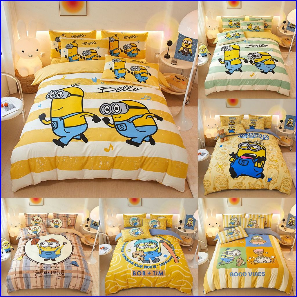 Minions Terno Conjunto De Cama Lençol Colcha Capa Fronha Casa Quarto Lavável Dormitório 3IN1