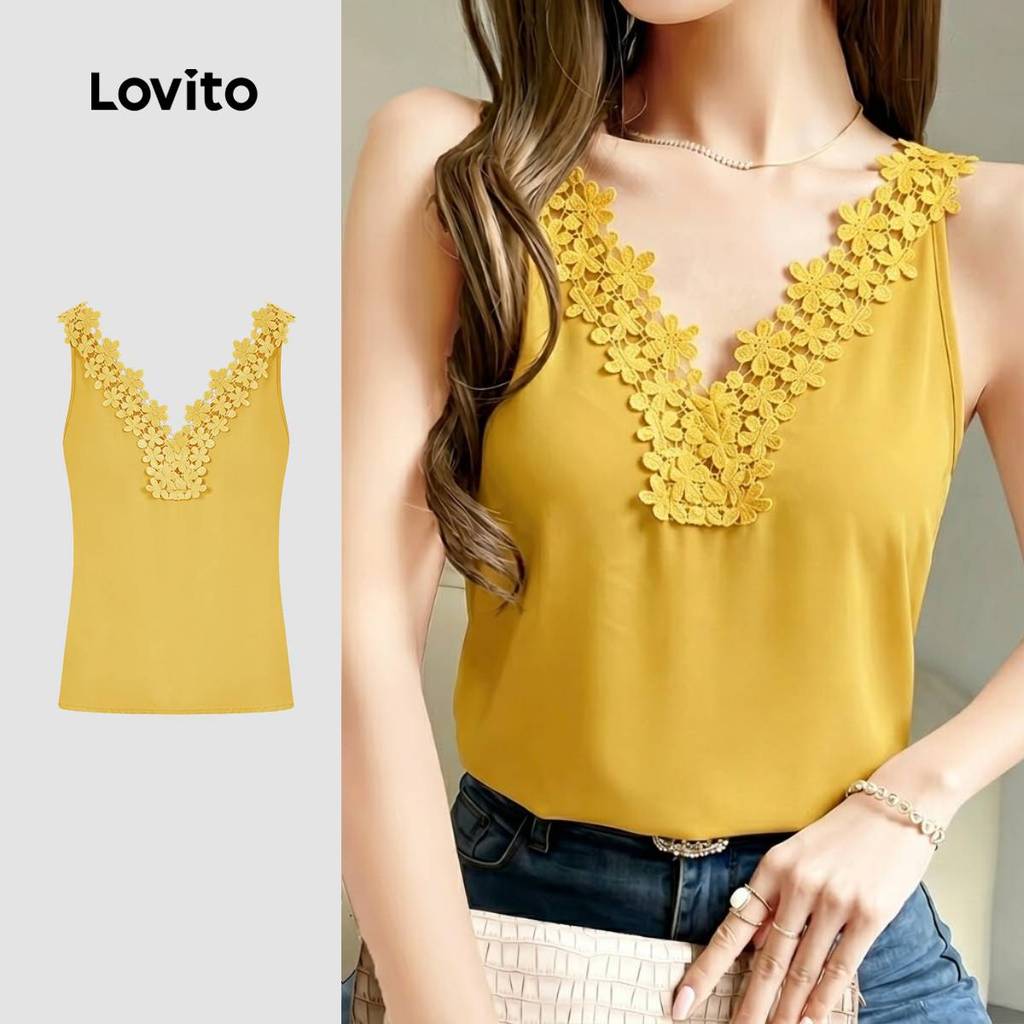 Lovito Casual Top Ruffle Neck Primavera/verão Top Amarelo para Mulheres LK5ED454