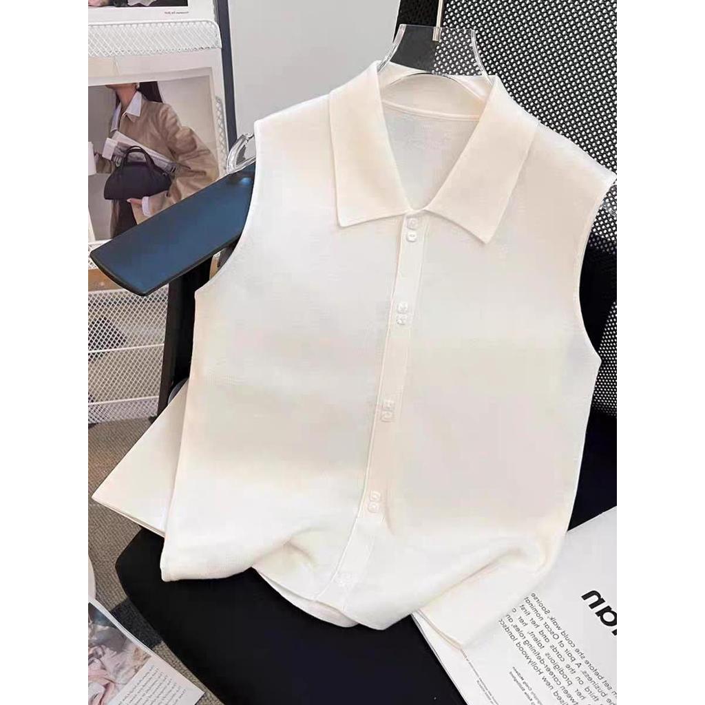 [Companion em camadas] Design Feeling All-Match Novo estilo sem mangas de malha Polo lapela Base interna colete de lã