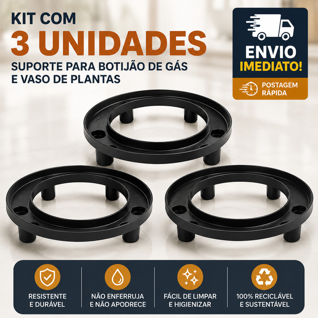 Suporte Para Botijão de Gás e Vasos de Plantas Com pezinhos Preto Premium Injeplastec