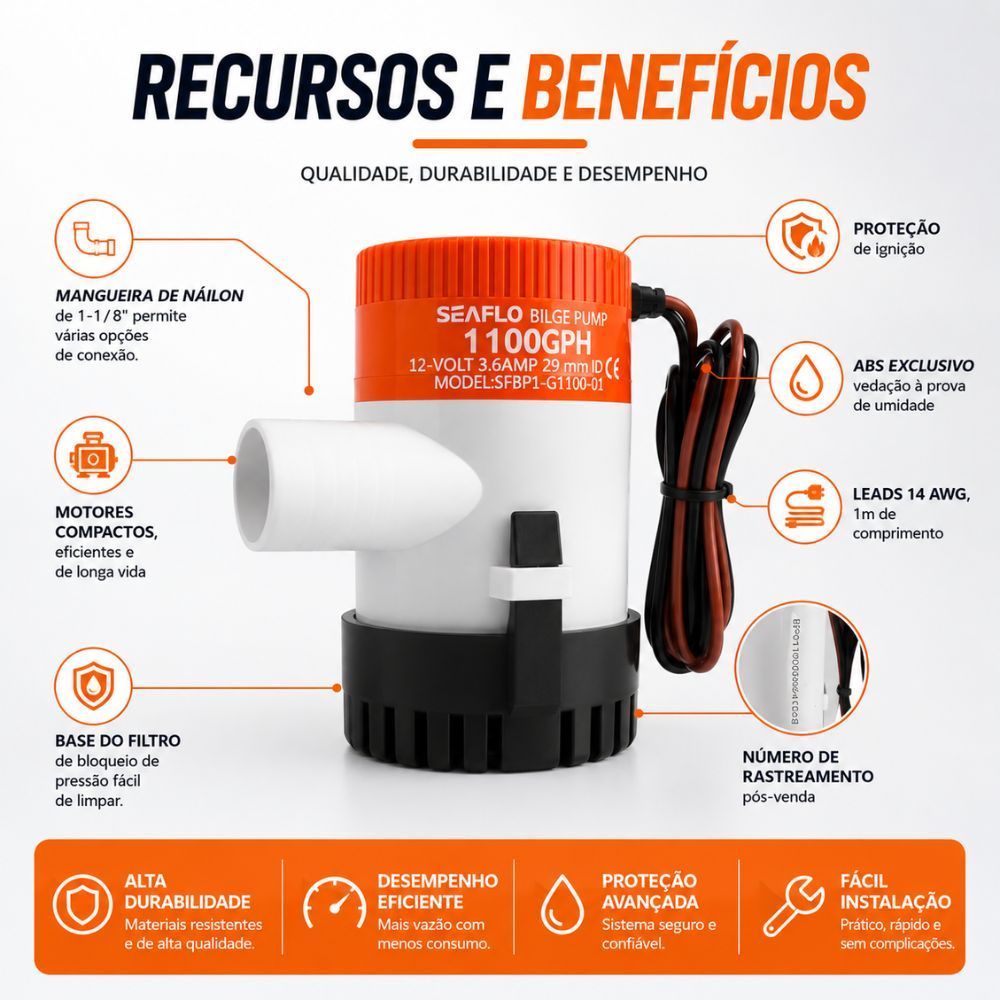 Bomba De Porão 1100 Gph 12v Seaflo Pesca Barcos Lanchas