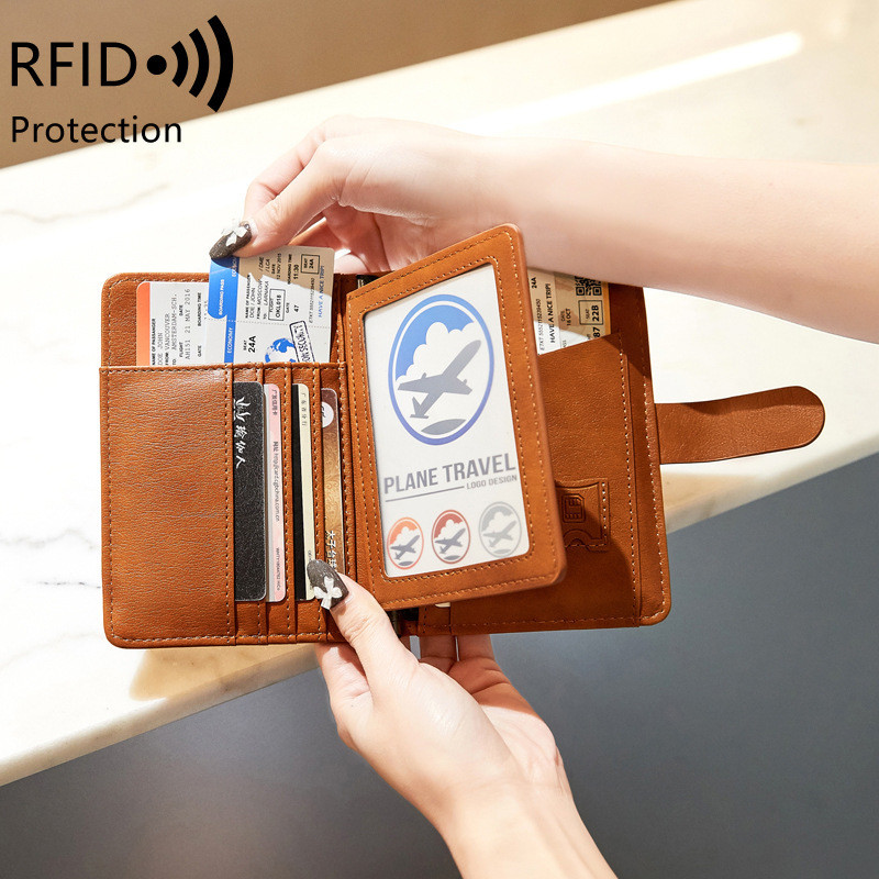 Novo Porta-Passaporte Curto Multifuncional RFID Anti-Skimming 2023, Bolsa de Documentos de Couro Macio em Cor Sólida, El