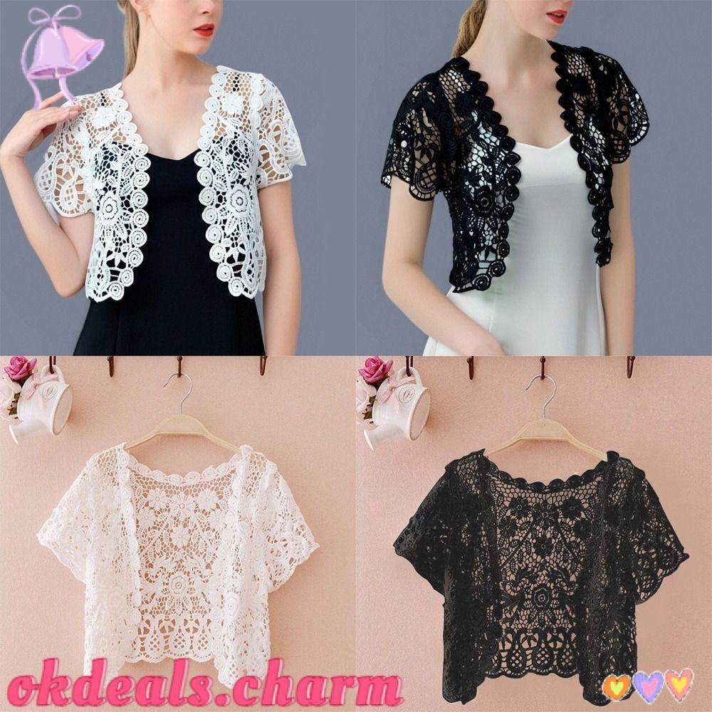 OKDEALS Jaqueta De Noiva De Verão , Capa De Renda De Manga Curta Com Frente Aberta , Colete De Malha Preto/Branco Estamp