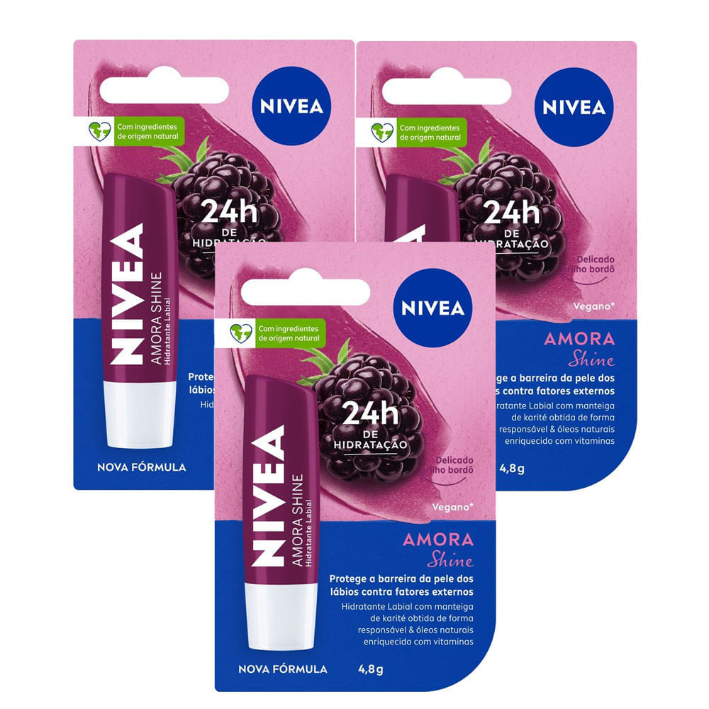 Kit 3 Hidratante Labial Nivea Amora Shine 4,8g