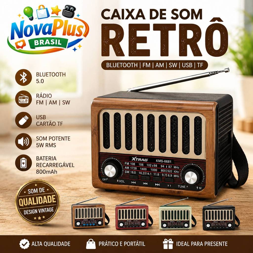 Caixa de Som Bluetooth Retrô Vintage Rádio FM USB TF Recarregável 5W RMS Portátil KMS-6681