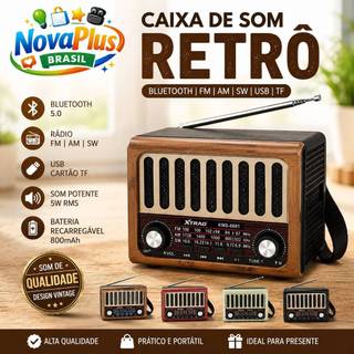 Caixa de Som Bluetooth Retrô Vintage Rádio FM USB TF Recarregável 5W RMS Portátil KMS-6681