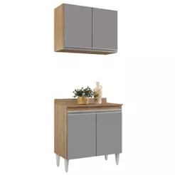 Armário Aéreo Califórnia e Balcão Hawai com Tampo 80cm Castanho/Cinza - Lumil