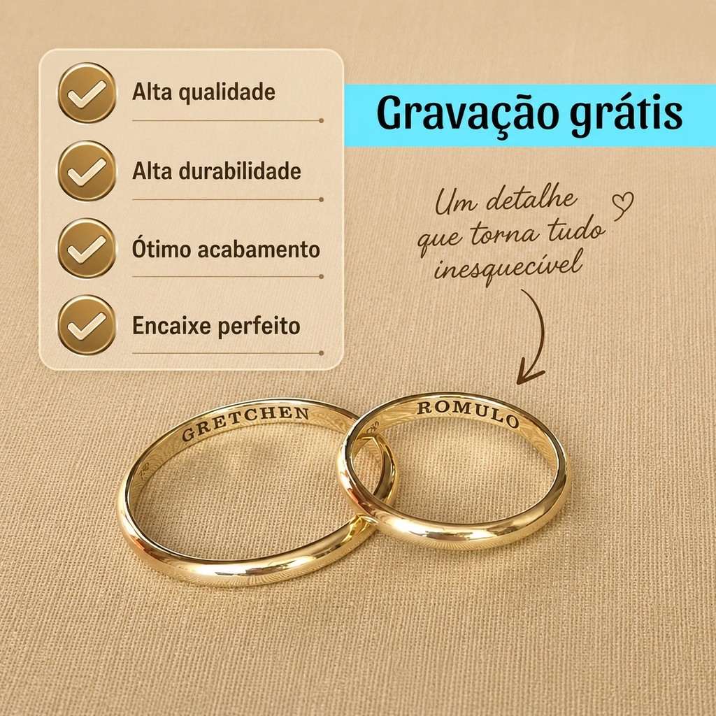 Par De Aliança Fina Delicada Banhada A Ouro 18k Com Gravação Grátis Noivado Casamento