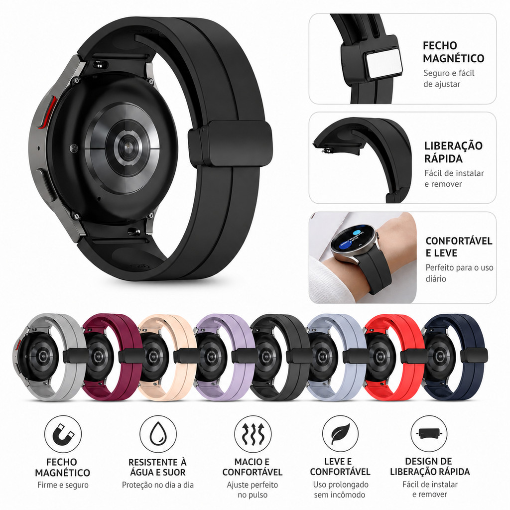 Pulseira Magnética de Silicone para Samsung Galaxy Watch FE 7 6 5 4 Classic Pro 40mm 44mm 45mm 43mm 47mm