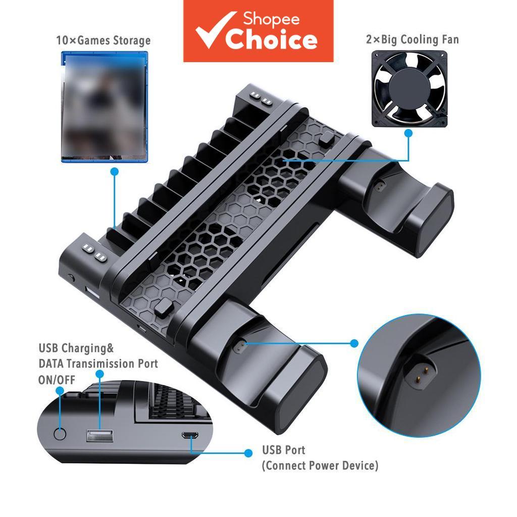 DOBE Cooler Stand para PS4/PS4 Pro/PS4 Slim, carregador duplo de controladores com indicadores LED e armazenamento para