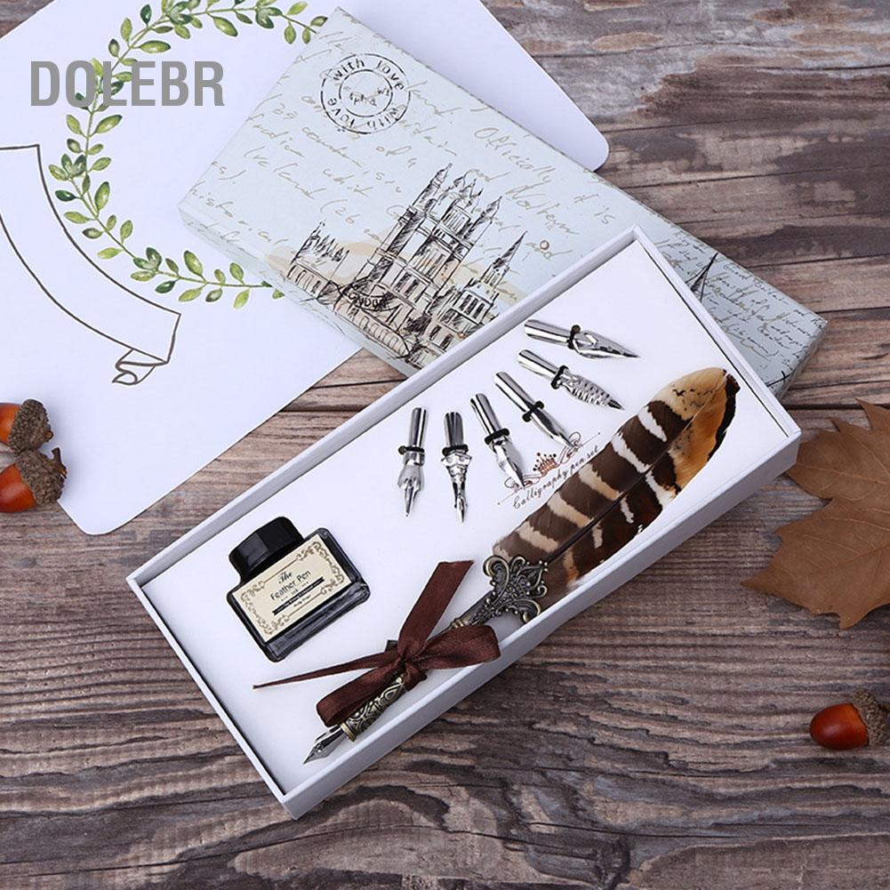 Dolebr Caneta de imersão de pena retrô europeia, conjunto de escrita com pontas de aço inoxidável, presente com caixa