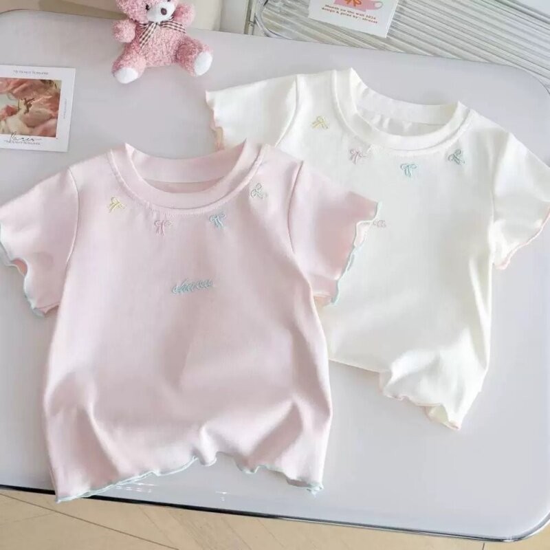 Meninas puro algodão de manga curta camiseta 2026 novo estilo verão crianças arco topo bebê versão coreana All-Match cam