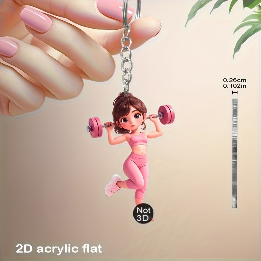 2D Plana Acrílico Fitness Menina Chaveiro Dos Desenhos Animados Rosa Treino Com Haltere Saco Charme Presente Para Entusi