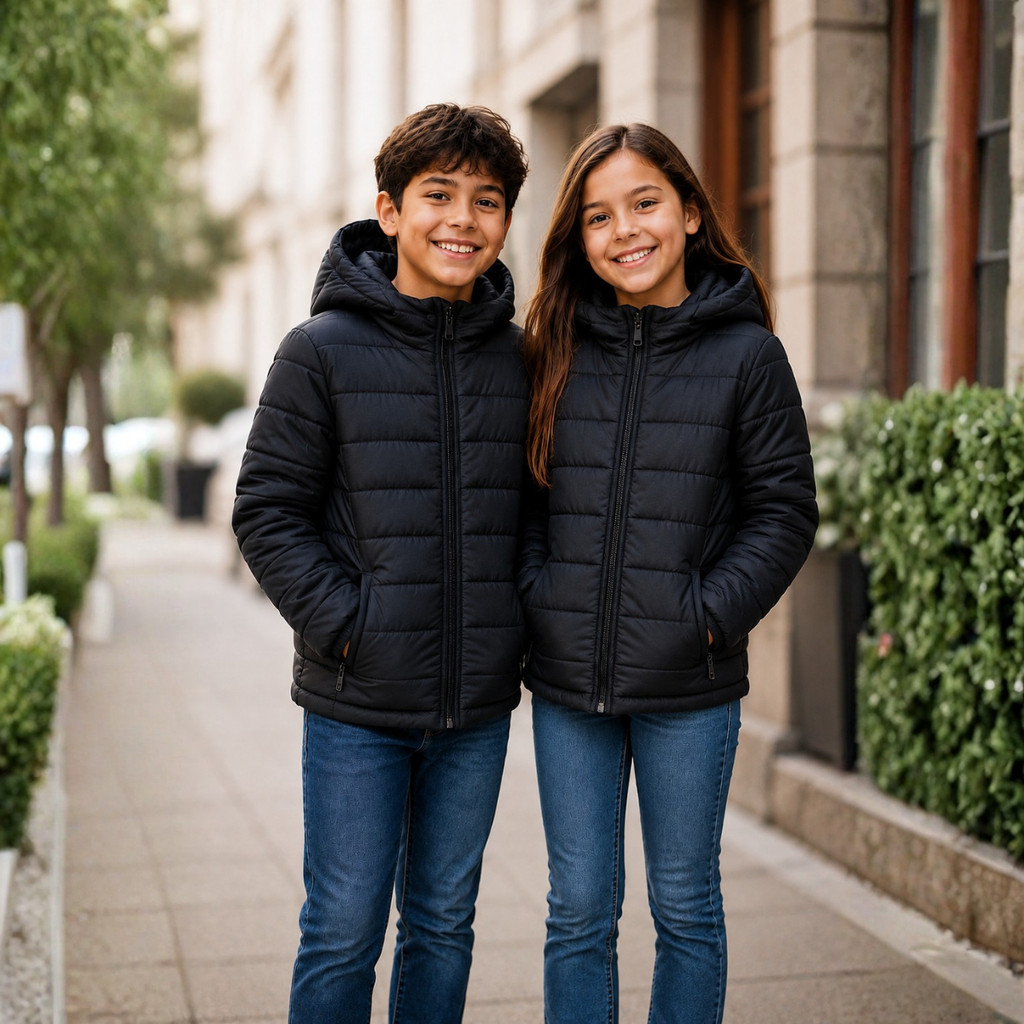 Jaqueta Puffer Juvenil Infantil Unissex Inverno Casaco Preto Com Capuz Forrada Quentinha Moda Menino Menina