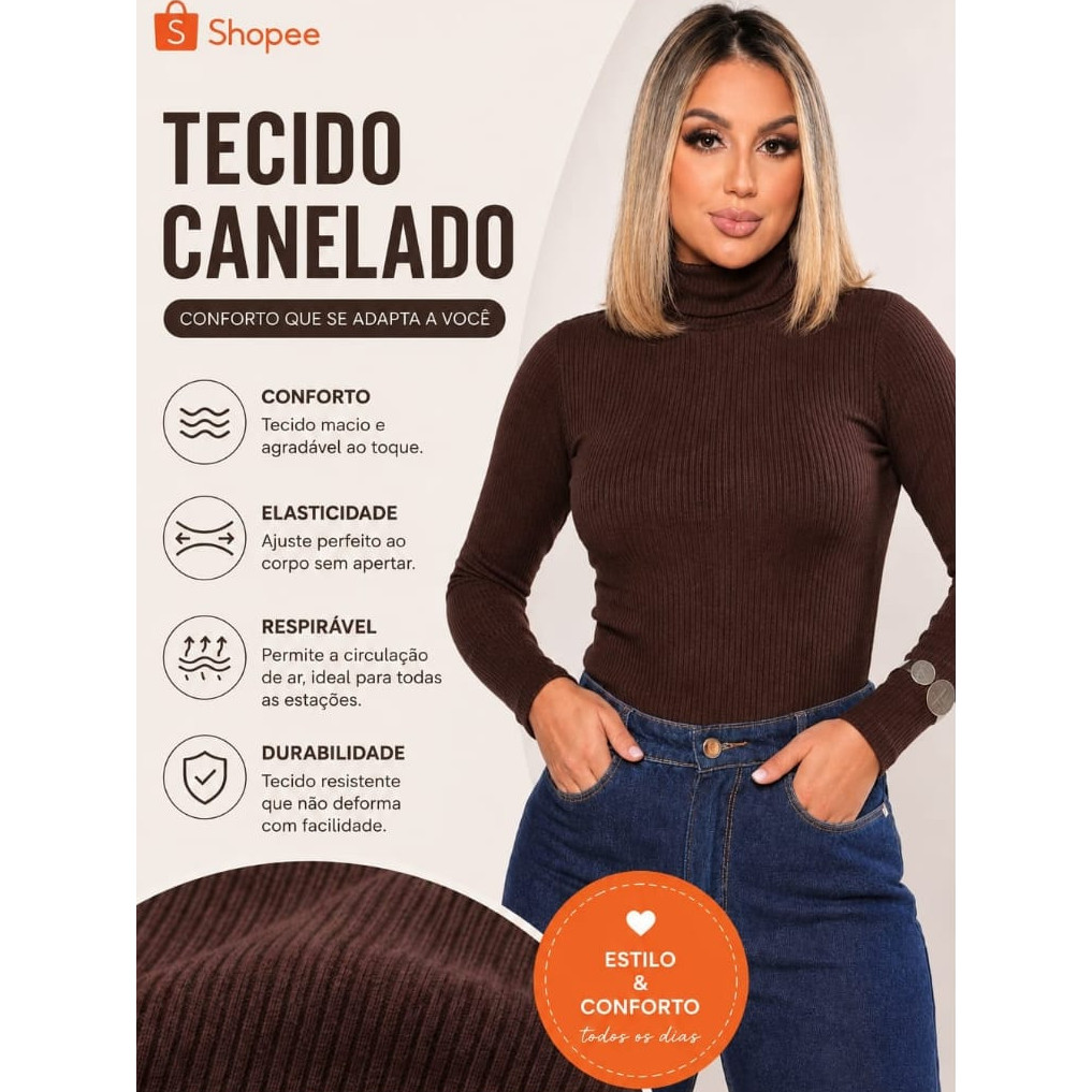Blusa Feminina Ribana Canelada Manga Longa Gola Alta Cacharrel Blusa de Frio Inverno Elegante