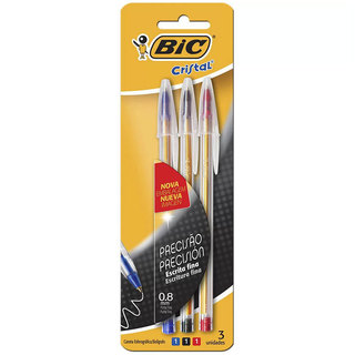 Caneta esferográfica Cristal Fina 0.8 AZ/PT/VM com 3 unidades Bic