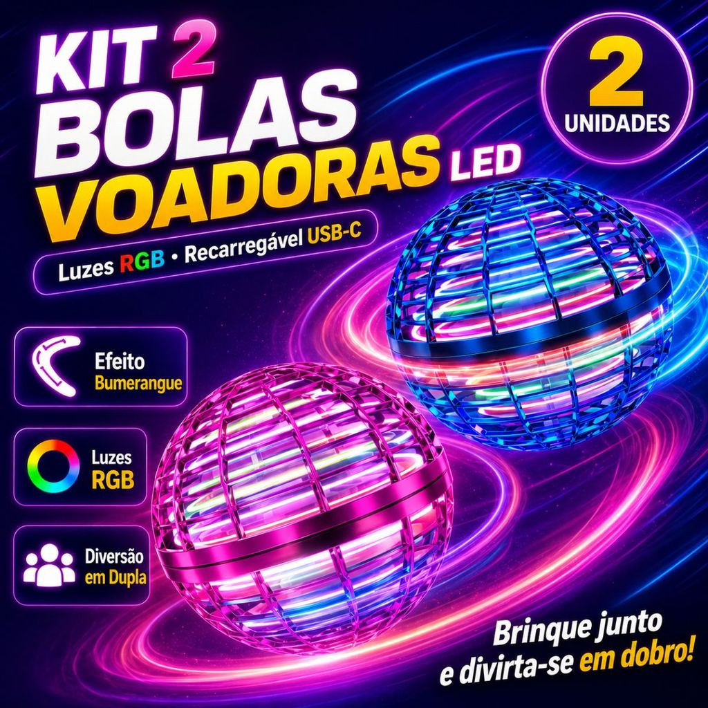 Kit 2 Bolas Voadoras LED RGB Recarregáveis USB-C Brinquedo Infantil Interativo Efeito Boomerang
