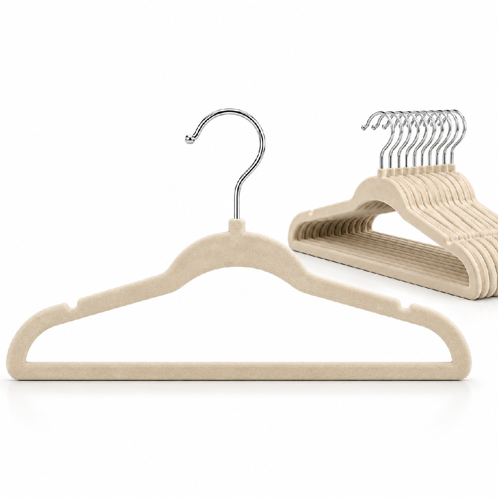 Kit 100 Cabides de Veludo Bege Slim Antideslizante Fino Gancho Giratório 360 Guarda Roupa Closet Arara