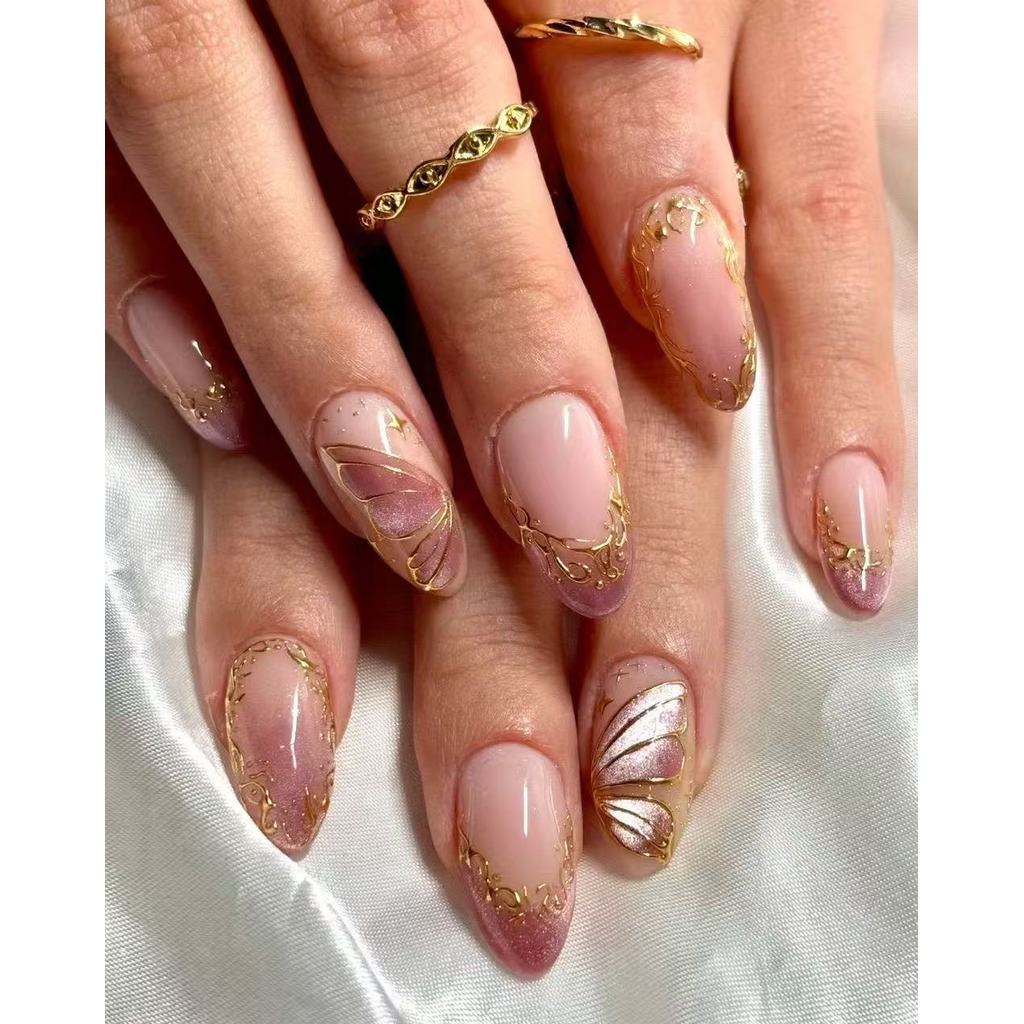 Unhas Postiças Decoradas Artesanais Roxo E Dourado Brilhante